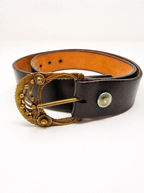 Vintage 70a Brass Buckle Western Boho Belt Black Genuine Leather Ornate Festival